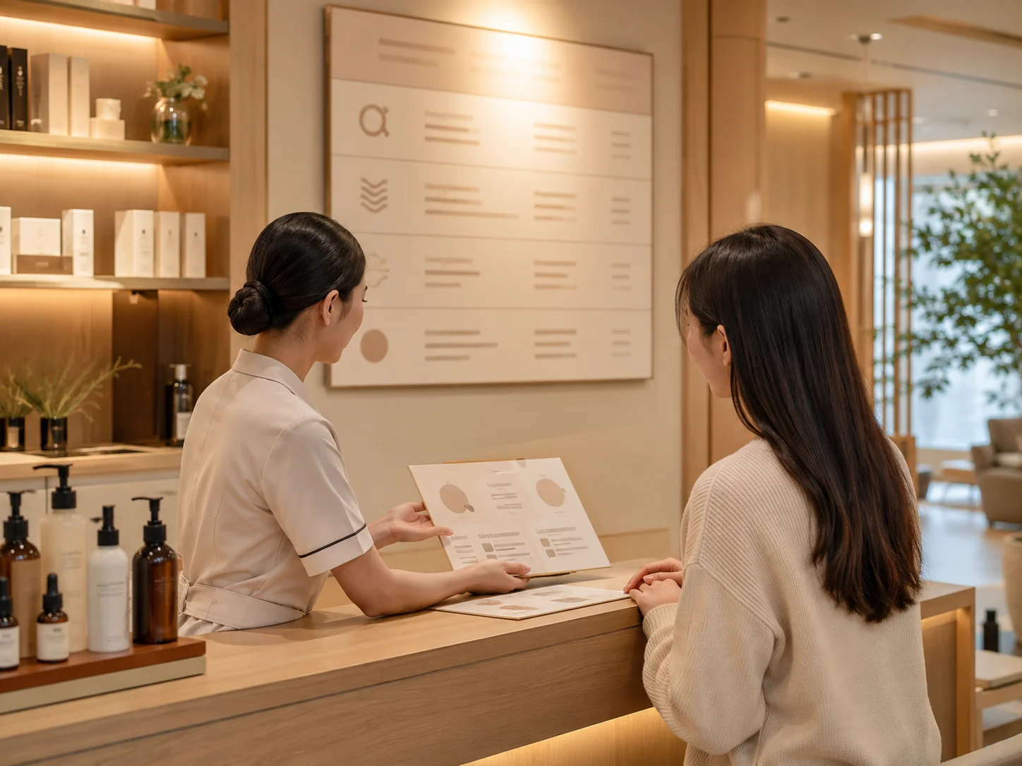 洗头掉发多是不是一定要做疗程配图：门店前台清楚展示按次体验和项目时长，好青丝园岭店透明消费服务示意