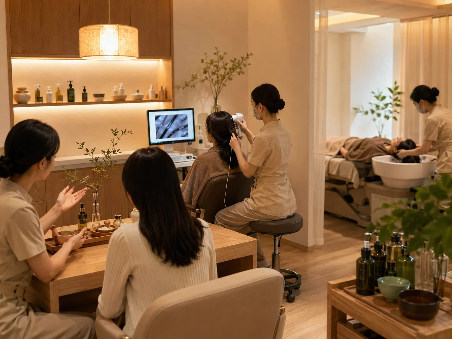 草本养发到店流程一般怎么走配图：从咨询、检测、洗护到护理结束的流程分镜，好青丝园岭店白发养护服务示意