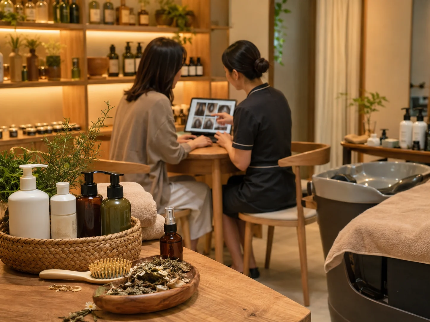 草本养发和家用洗护有什么区别配图：家庭洗护用品与门店咨询流程对比场景，好青丝园岭店白发养护服务示意