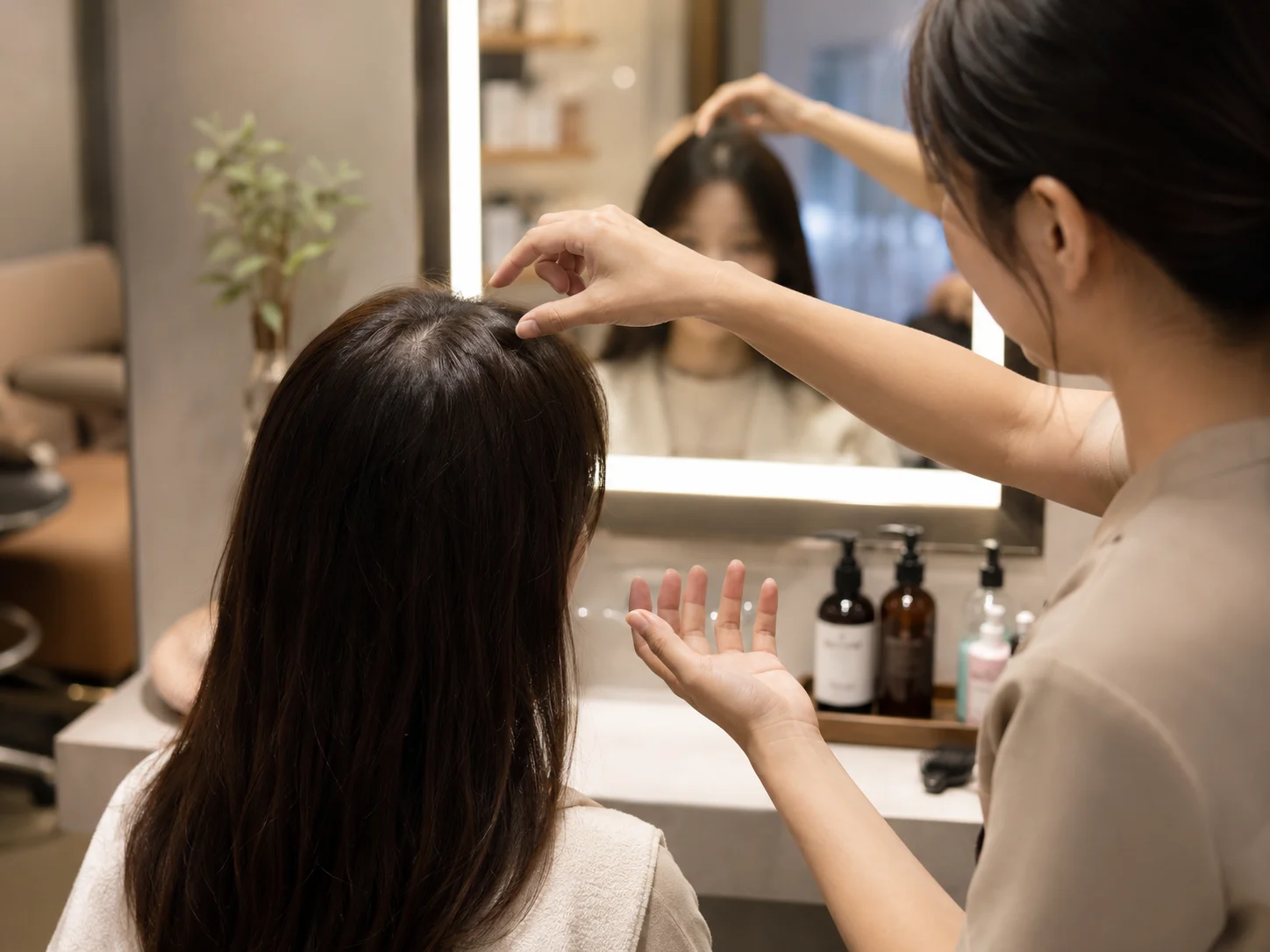 细软塌发质适合哪些日常护理沟通配图：细软塌发质在镜前做发根状态咨询，好青丝园岭店防脱固发服务示意