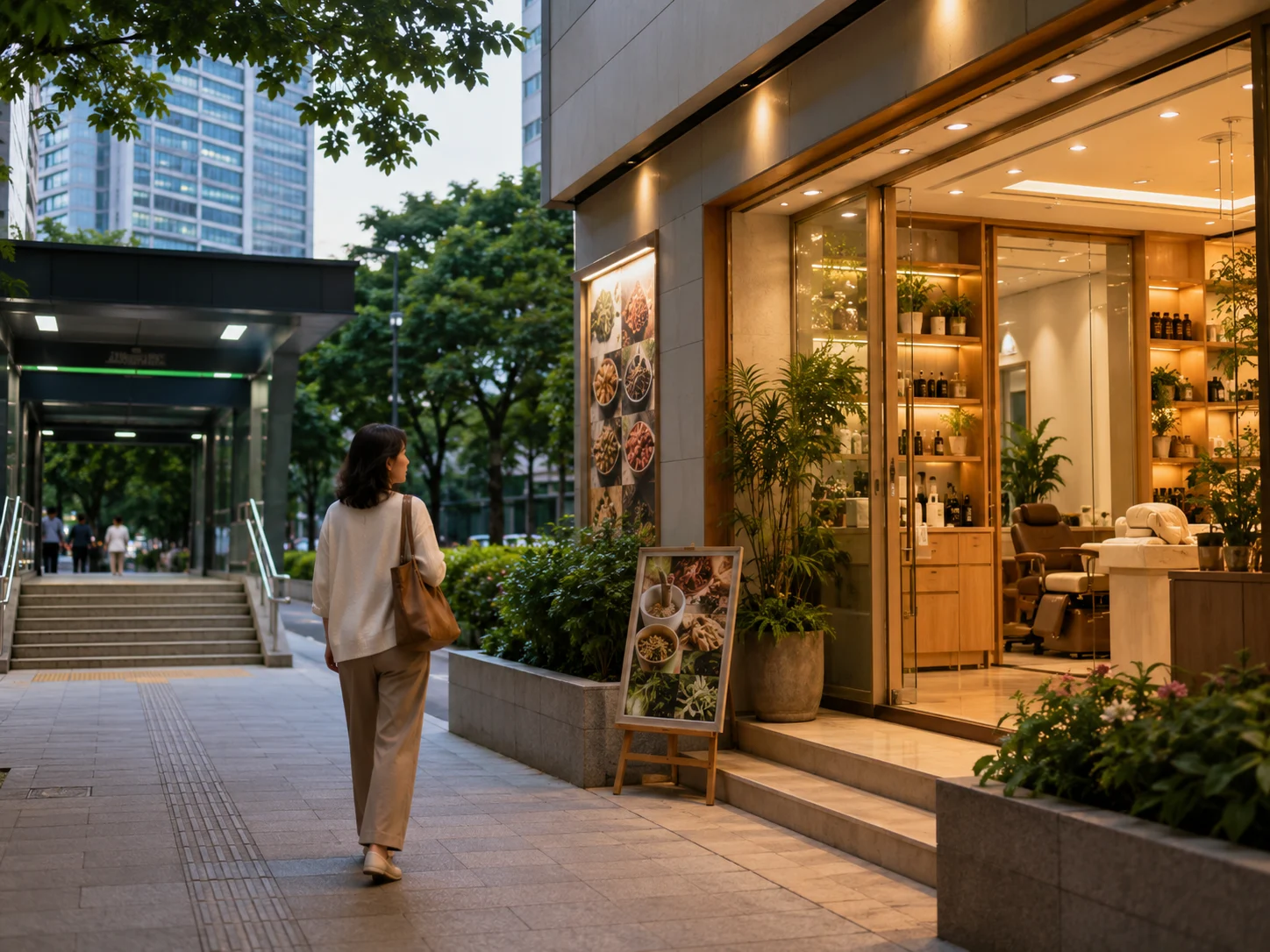 红岭站附近养发馆怎么选配图：红岭站步行到园岭店的路线与门店外观示意，好青丝园岭店白发养护服务示意
