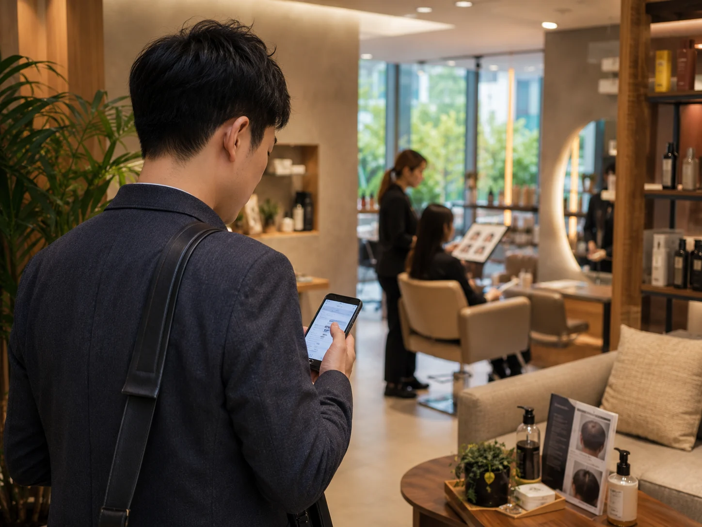 八卦岭附近做发根养护要看什么配图：八卦岭通勤者查看发根护理预约信息，好青丝园岭店防脱固发服务示意