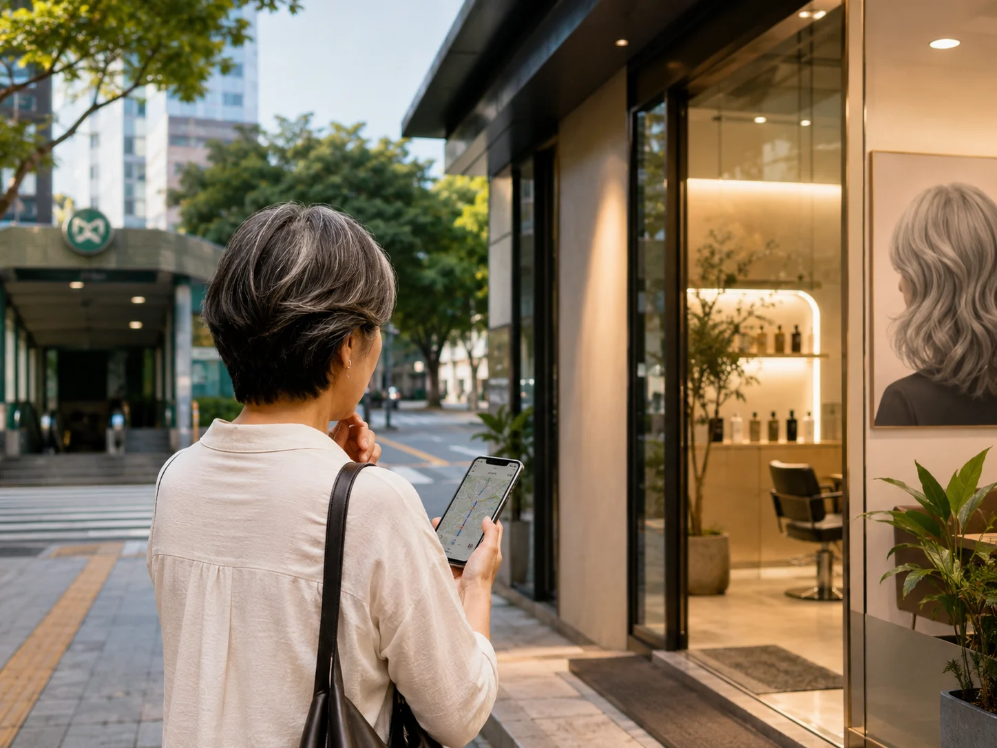 红岭到园岭店步行到店前要确认什么配图：步行路线、门店入口和到店前确认清单，好青丝园岭店白发养护服务示意