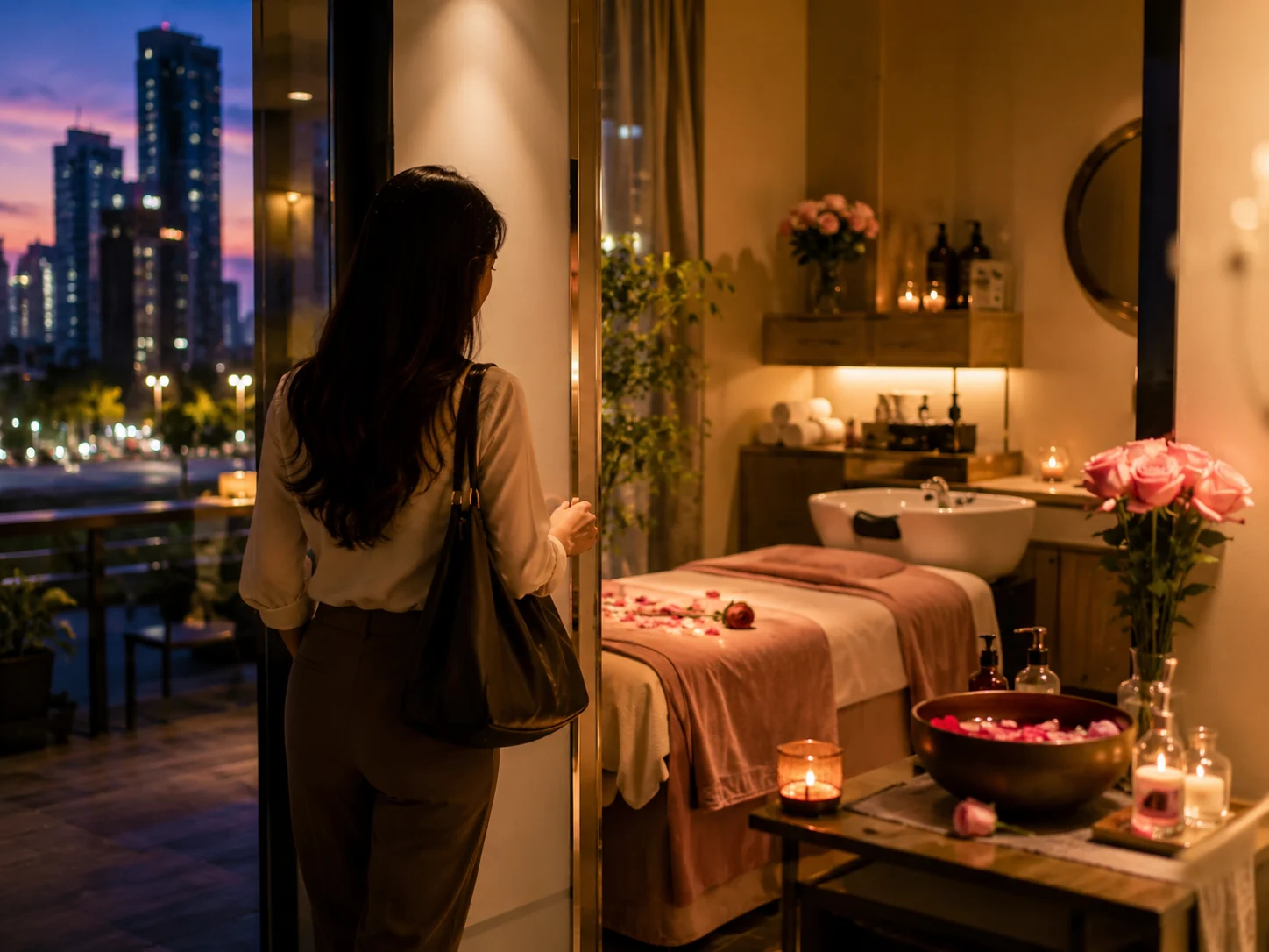 桂花路附近头疗SPA适合下班后去吗配图：傍晚桂花路到店头疗 SPA 场景，好青丝福田口岸店玫瑰SPA头疗服务示意