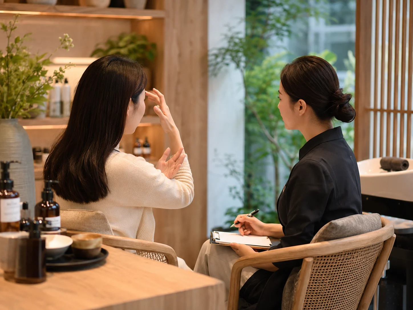 周末家庭成员一起到店怎么安排配图：周末多人预约头疗和养发项目安排，好青丝福田口岸店茶麸汤头疗服务示意