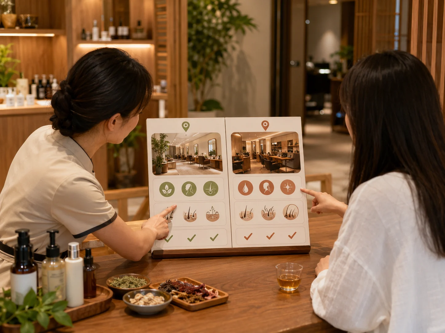 园岭店和福田口岸店怎么按需求选择配图：两家门店服务重点并排对比的信息卡，好青丝园岭店透明消费服务示意