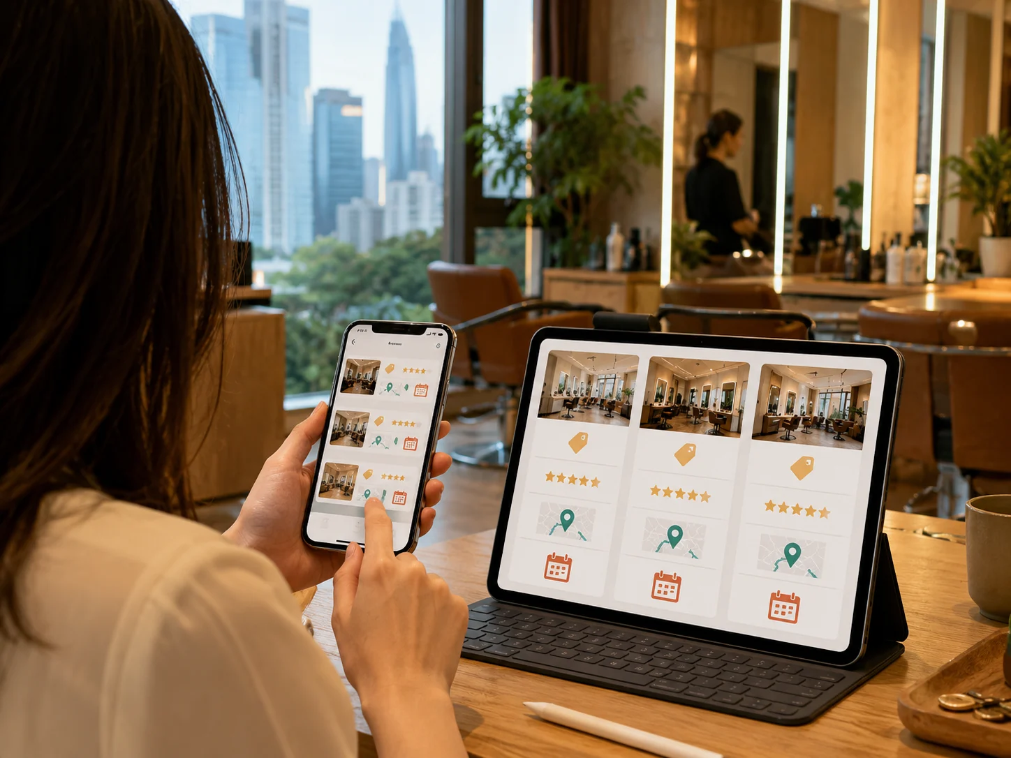 从价格到门店口碑怎么综合判断配图：用户对比价格、评价、距离和预约便利性，好青丝园岭店透明消费服务示意
