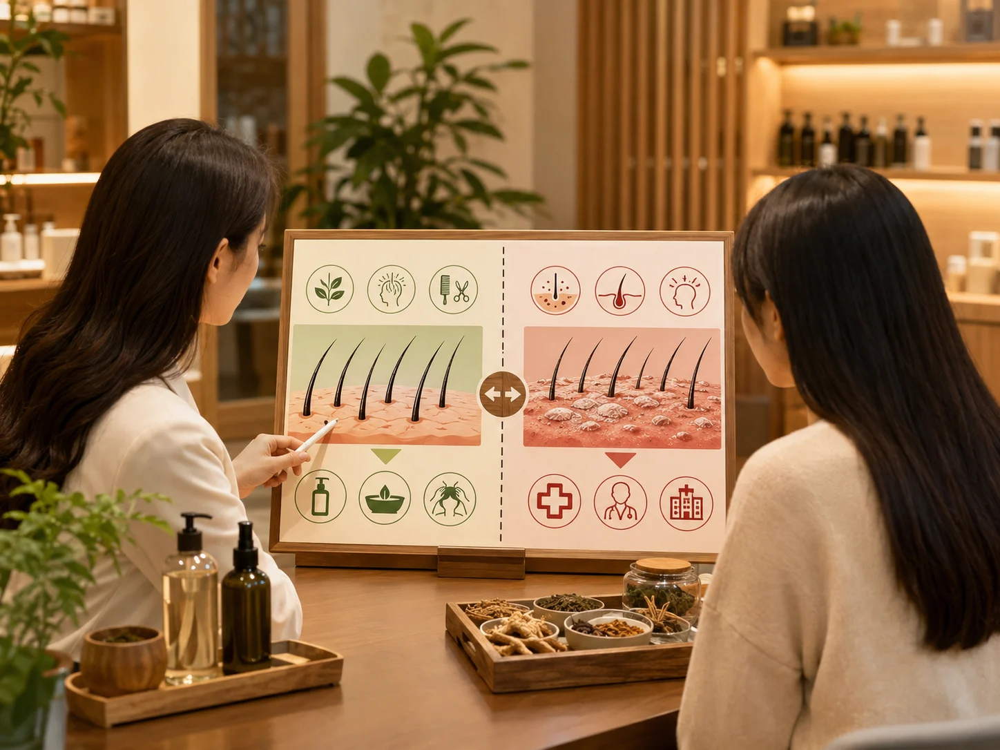 严重头皮问题为什么要先就医配图：生活护理咨询和医疗建议边界清晰说明，好青丝园岭店透明消费服务示意